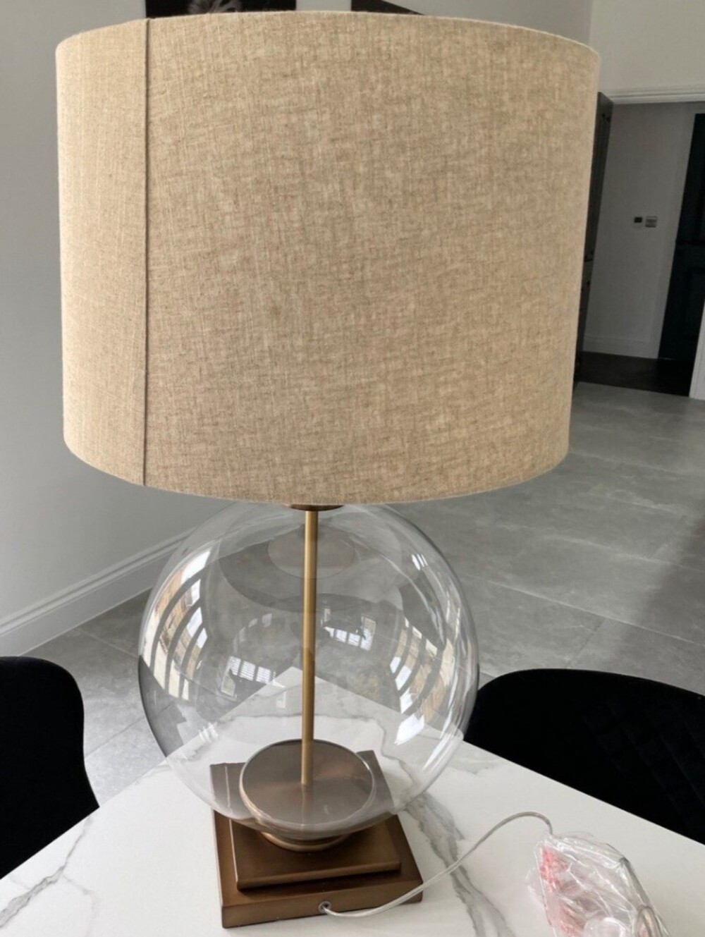 White Shade Glass Globe Table Lantern with Brass Accents